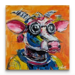Cosmic Bovine 12×12 Modern Abstract Original Painting Canvas Cow Art SWhite