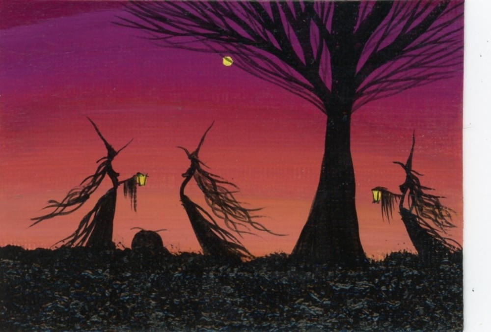 ACEO Original Acrylic Halloween Fun Merry Whimsy Witches Mini Fantasy Art HYMES
