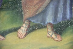 Antique Religious oil canvas painting jesus child joseph angels putti