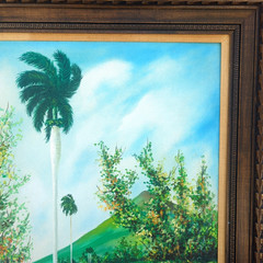 Vintage Cuban Folk Art Landscape Painting Tropical River Palm Trees Acrylic/Boar