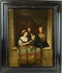 18th Century Dutch oil on canvas love couple reading playing lute 47×36 cm