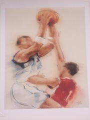 Original Vincent George Basketball Players Watercolor 13.25”W 16 3/8”T Framed