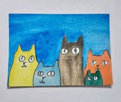ACEO Original Art Card ATC Watercolor OOAK Colorful Kittens Cats Painting GAT