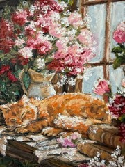 Orange Cat Original Art Still Life Wall Art Animal Oil Pastels Art Flowers Art