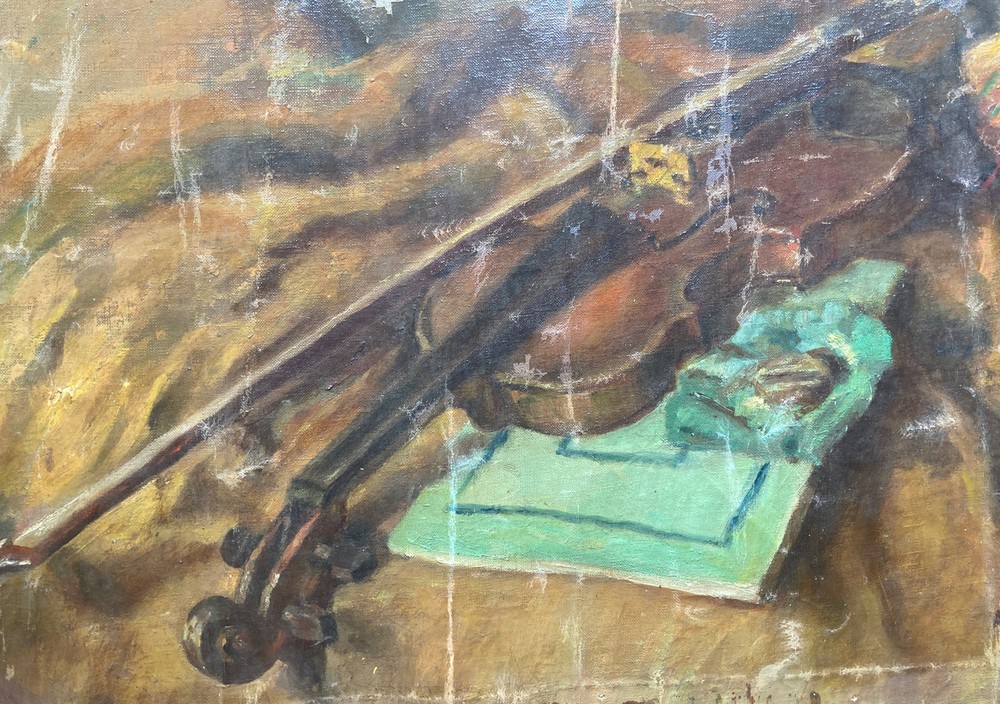 Antique 19th Oil Canvas Painting Still Life Violin Illegible Sign Mystery Artist