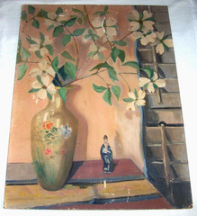 1900s Still Life Oil Painting ; Dogwood Flowers Vase Porcelain Asian Figure