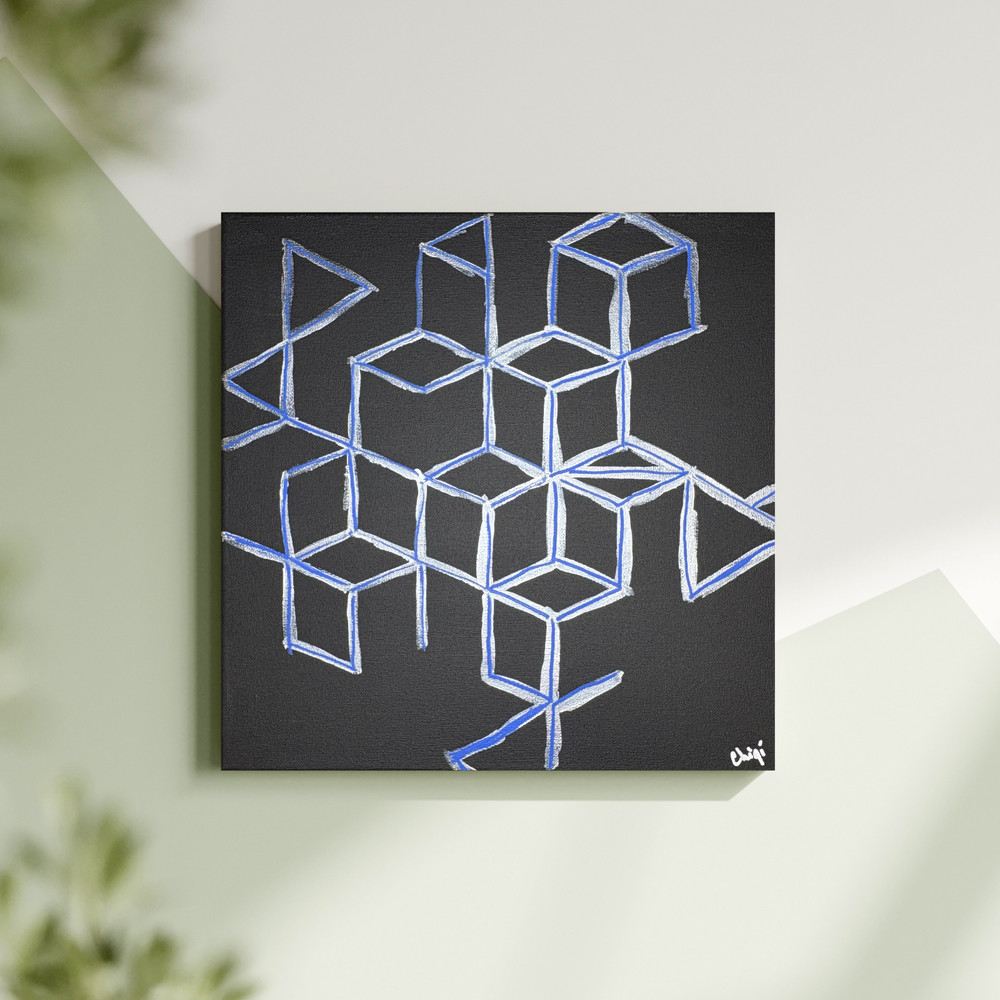 Geometric Line Abstraction 12×12 Silver, Black, & Blue Hand Painted Canvas