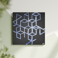 Geometric Line Abstraction 12×12 Silver, Black, & Blue Hand Painted Canvas