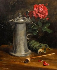 P. Monnet – Mid 20th Century Oil, Still Life with Rose, Jug, and Pipe