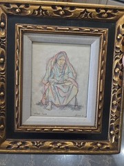 Taos Artist Larry Hilburn „Fiesta Siesta“ Signed 1954 Framed 9.5″ x 7-3/8″ RARE