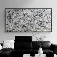 XXL Jackson Pollock Style Black & White Abstract Art Textured Painting 78×39 in