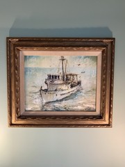 Original Oil On Board W J Edwards Signed Tuna Boat Painting MCM San Diego