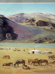 NICE! Mongolia acrylic painting signed horses yurts 13×7.5″ & 19×15 framed small