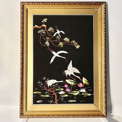 Silk Embroidered Crane Birds Lotus Framed Vintage Art 23×31 No Glass Read