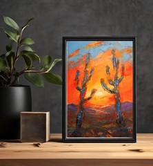 Two Mexican Cacti at Sunset 10×14″ Oil Painting Saguaro Cactus in Sonoran Desert