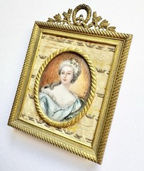 Rare 19th C. French Hand Painted Miniature Portrait Gold Gild & Tapestry Frame