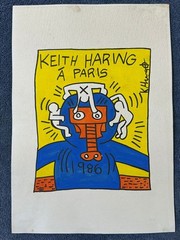 keith haring drawing and painting on old paper signed stamped vintage