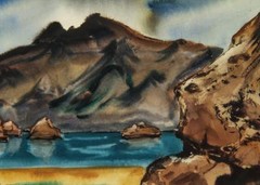 MCM 1959 CALIFORNIA WATERCOLOR MODERNIST PAINTING Muriel Backman PYRAMID LAKE NV