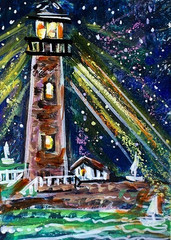 ORIGINAL ACEO Painting LIGHTHOUSE Night Stars Ocean Boat Waves Light Sea ATC ART