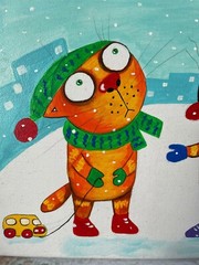 Christmas .Cats. Acrilyc on canvas 20×25 cm Hand Painted style Vasya Lozhkin