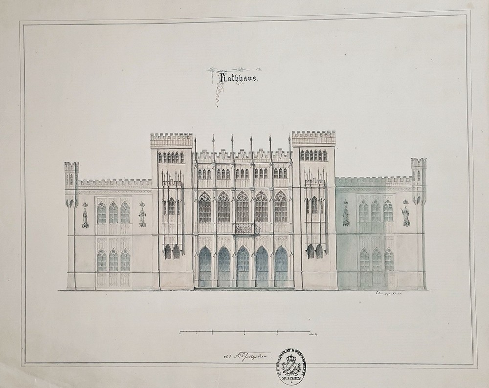 August von Voit – Town Hall Drawing Drawing Architecture Signed 1854 286545