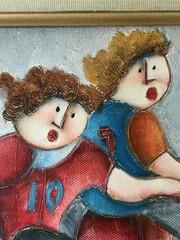 Vintage Joyce Roybal Oil Painting Children Playing Soccer Fussball Signed