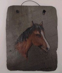 Antique Roof Slate Original Painting Brown Horse Artisan Wall Art 5×6″