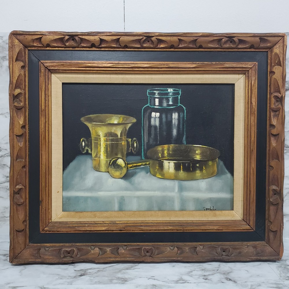 Vintage Andras Gombar Still Life Painting Canvas Framed Kitchenware – Signed
