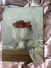 Original Strawberry Still Life Oil Painting, Wall Art, Vintage European Style