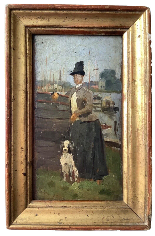 19th Century French Impressionism Woman and his Dog by the Seine Antique Oil