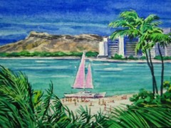 Watercolor Painting Hawaii Ocean SailBoat Yacht Beach Palm Tree Nature ACEO Art