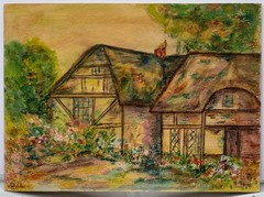 Mid Century Belgian Watercolor–Country House in Springtime, Signed, 1952