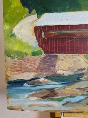 Vintage mcm Modern Impressionist painting Woodstock VT Taftsville Bridge Huszer