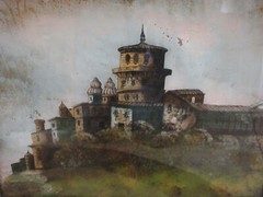 Antique Reverse Painting on Glass 19.5″ x 15.5″ in 29.75″ x 25.75″ framed Castle