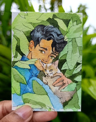 ACEO OOAK Original Watercolor Painting Portrait Boy with Cat Kitten Nature Art
