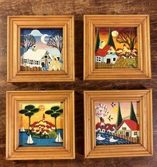 LOT OF 4 Wood FRAMED PICTURES / PAINTINGS / 1980s By Canal, Rome Italy? 3″ Sq.