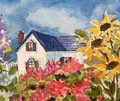 Original Pamela Wilhelm whimsical Garden White House with Red Geraniums shutters