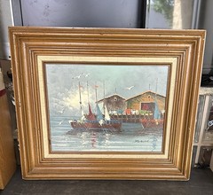 Vintage Certified Signed Harbor Marina Sailboats Original Oil Painting by Morgan