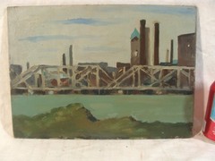 Antique 1933 Donald Greason Milltown on Merrimac Landscape Painting