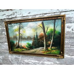 Antique Large Pastel Chalk Painting Mountain Lake Scene Gold Frame 32.5×20.5″