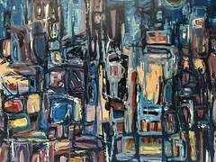 MID CENTURY ABSTRACT PAINTING EXPRESSIONISM CUBISM MODERNISM HAL AKINS SIGNED