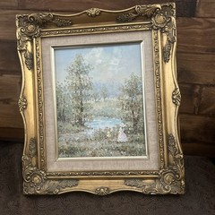 CANVAS OIL PAINTING Sign J. MOREAU CHALK PAINT FRAME WOMAN CHILD By The Lake