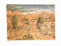 Original Folk Art Oil Painting on Canvas, Desert Landscape, Ben 12″H x 16″L