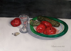 paintingwatercolorstilllifegiftpickledcucumbersandtomatoesonaplateaglasshandmade