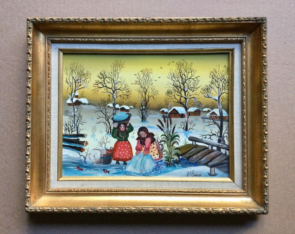 Great primitive Eastern European painting By Edith Simon on Masonite Board.