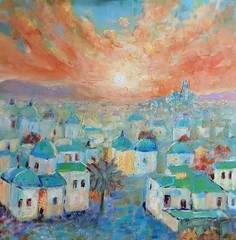 Original Impressionist Mediterranean Cityscape Sunset Acrylic painting 16×16