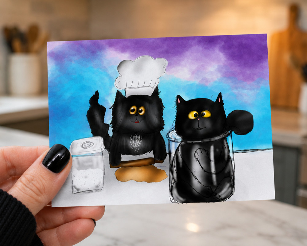 Black Cat Baker ACEO Print Whimsical Kitchen Cat Mini Art Card 2.5×3.5