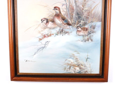 Vintage Winter Scene Snow And Birds Oil Painting On Canvas Signed Bruce