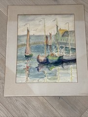 PAINTING PRISCILLA E. PERLEY SEASCAPE WATERCOLOR SAILBOATS HARBOR C1934