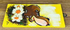 HIPPOPOTAMUS WOOD VTG HAND PAINTED ART SIGNED by Walker Flower Yellow Red Hippo